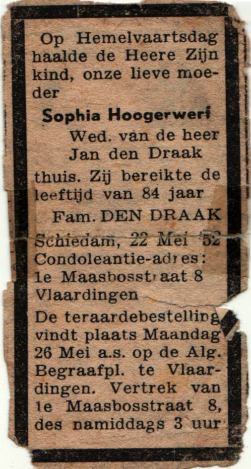 1952-05-22 overlijdensadvertentie Sophia Hoogerwerf